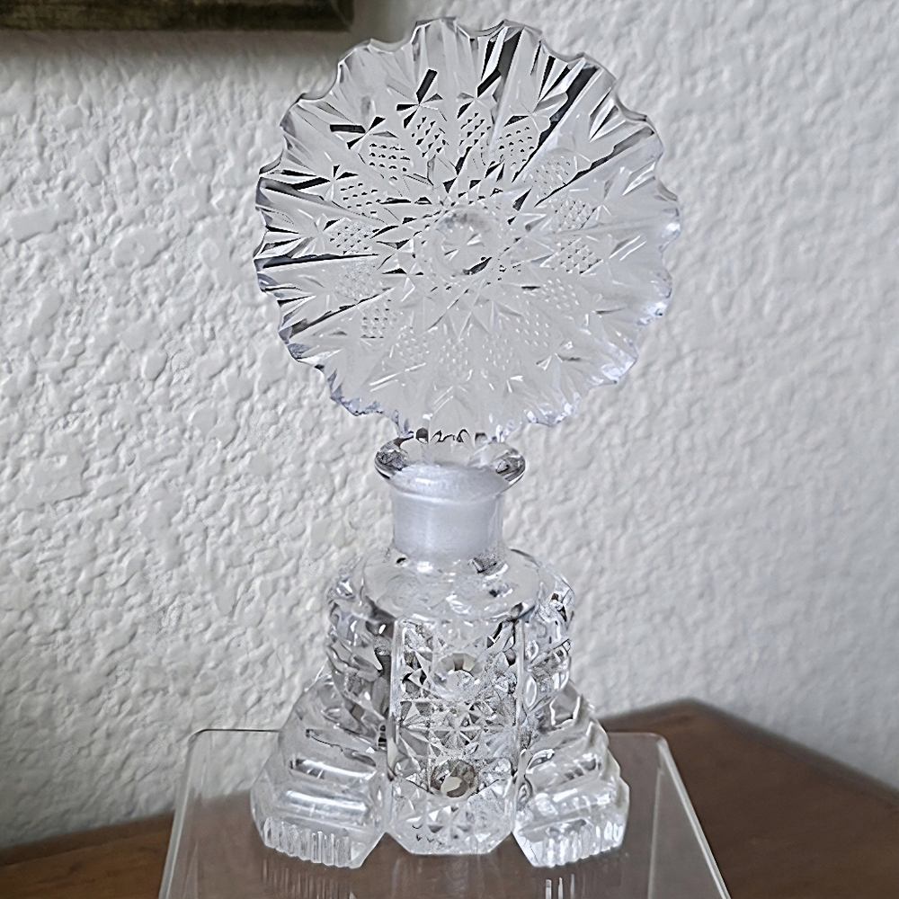Vintage Irice Etched Glass Perfume Bottle Large Statement Topper